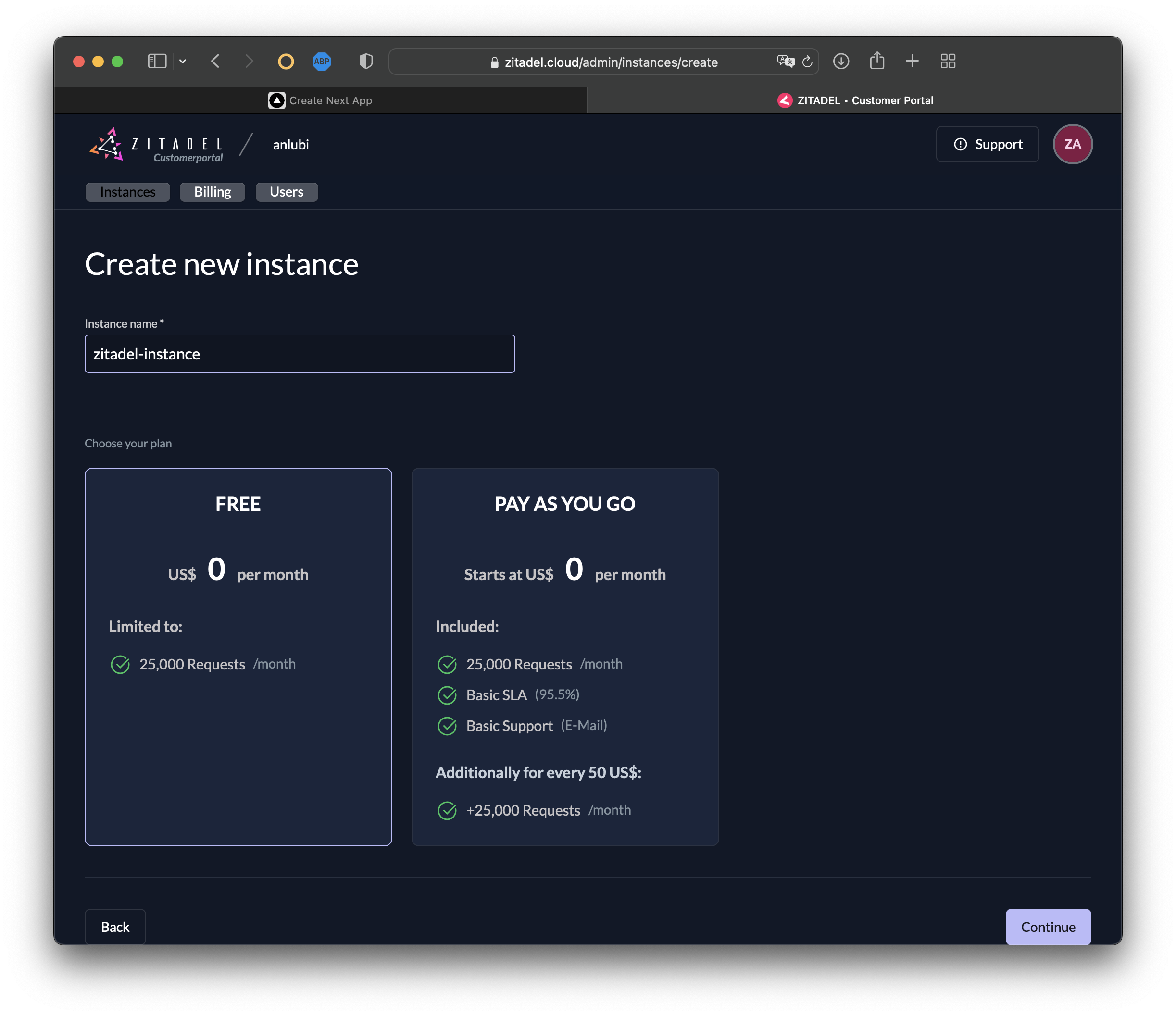 Creating a new instance called zitadel-instance