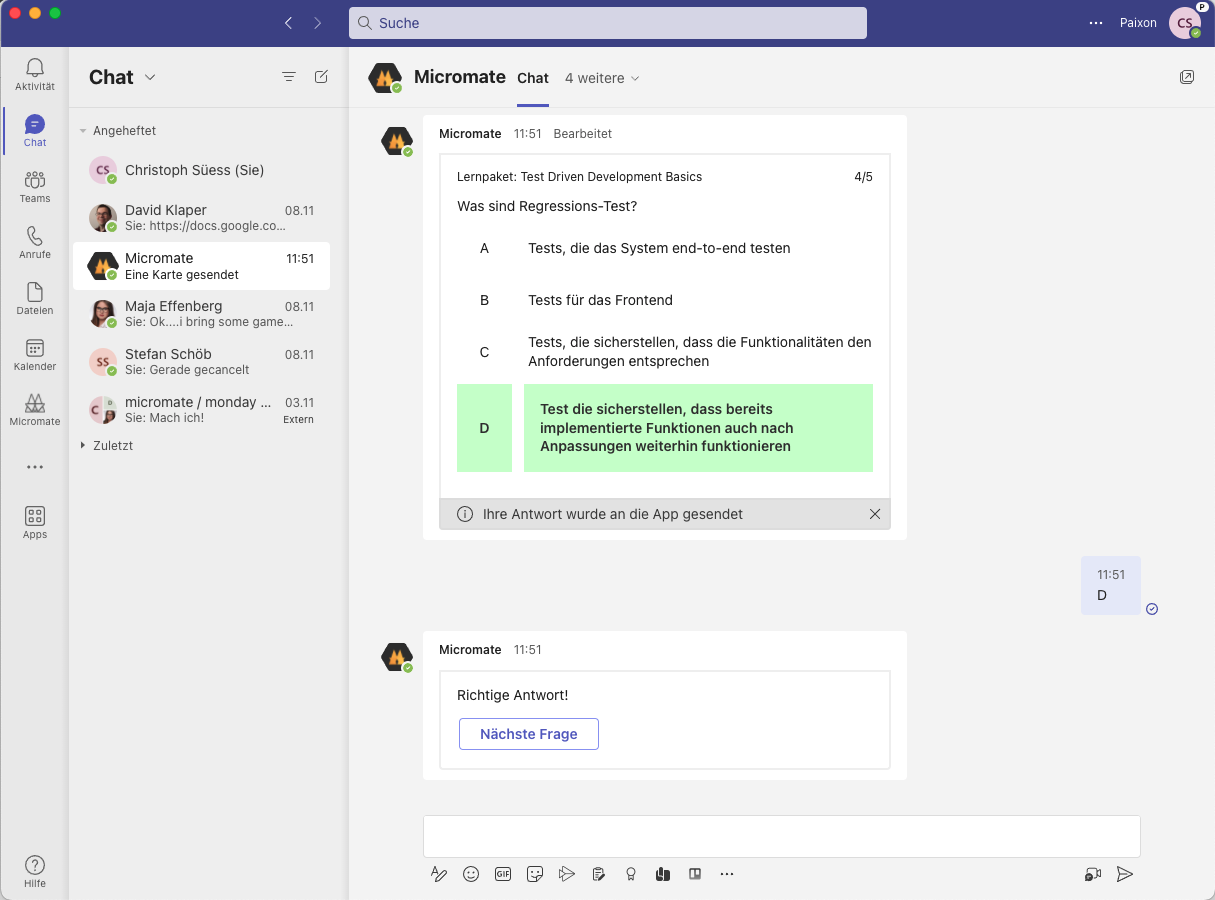 Microsoft teams showing a Mircomate chat