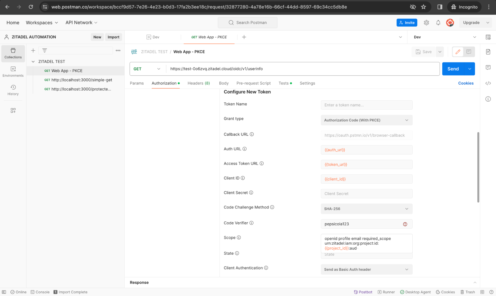 Testing token introspection in ZITADEL with Postman