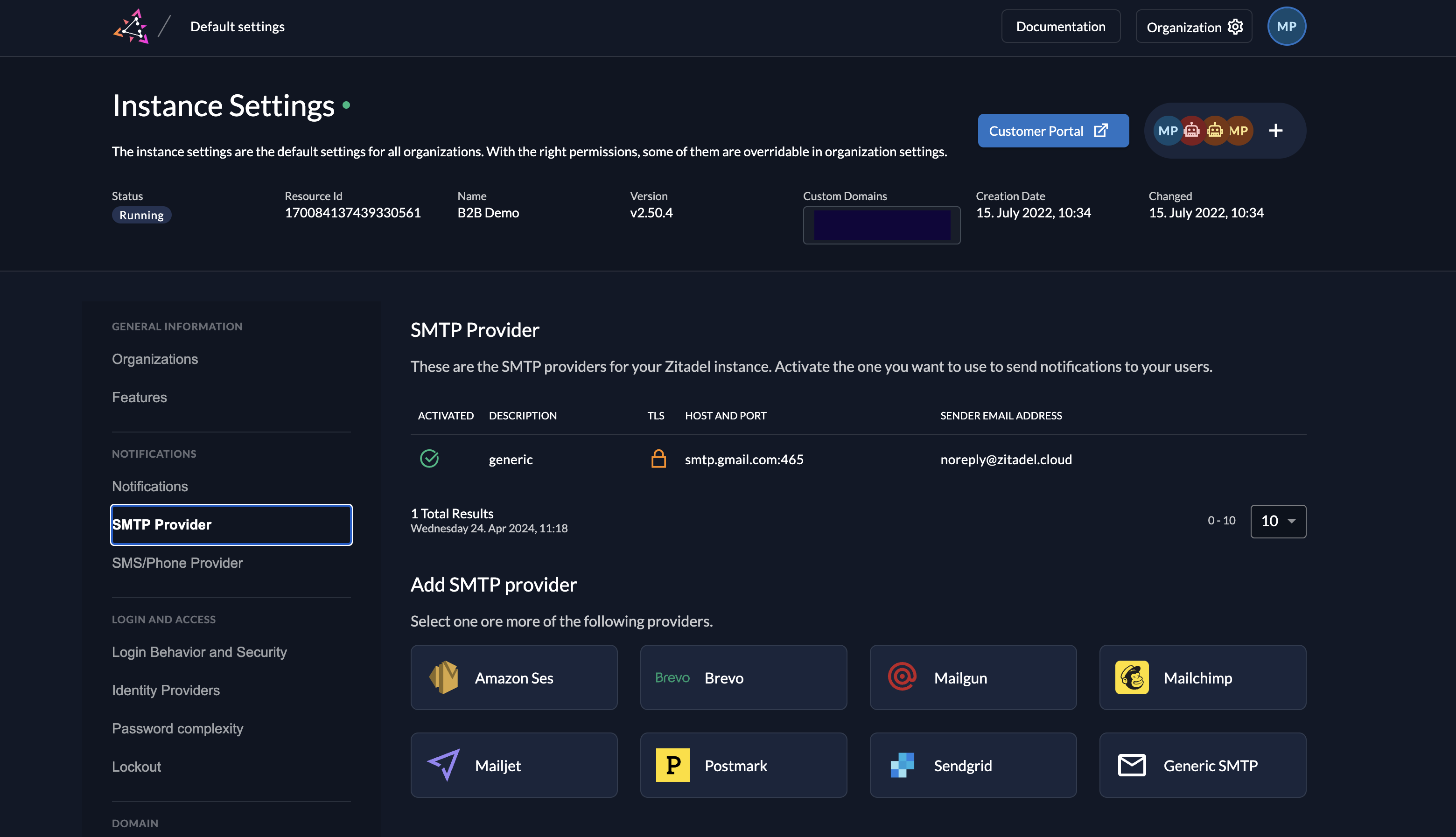 SMTP provider settings in ZITADEL Console