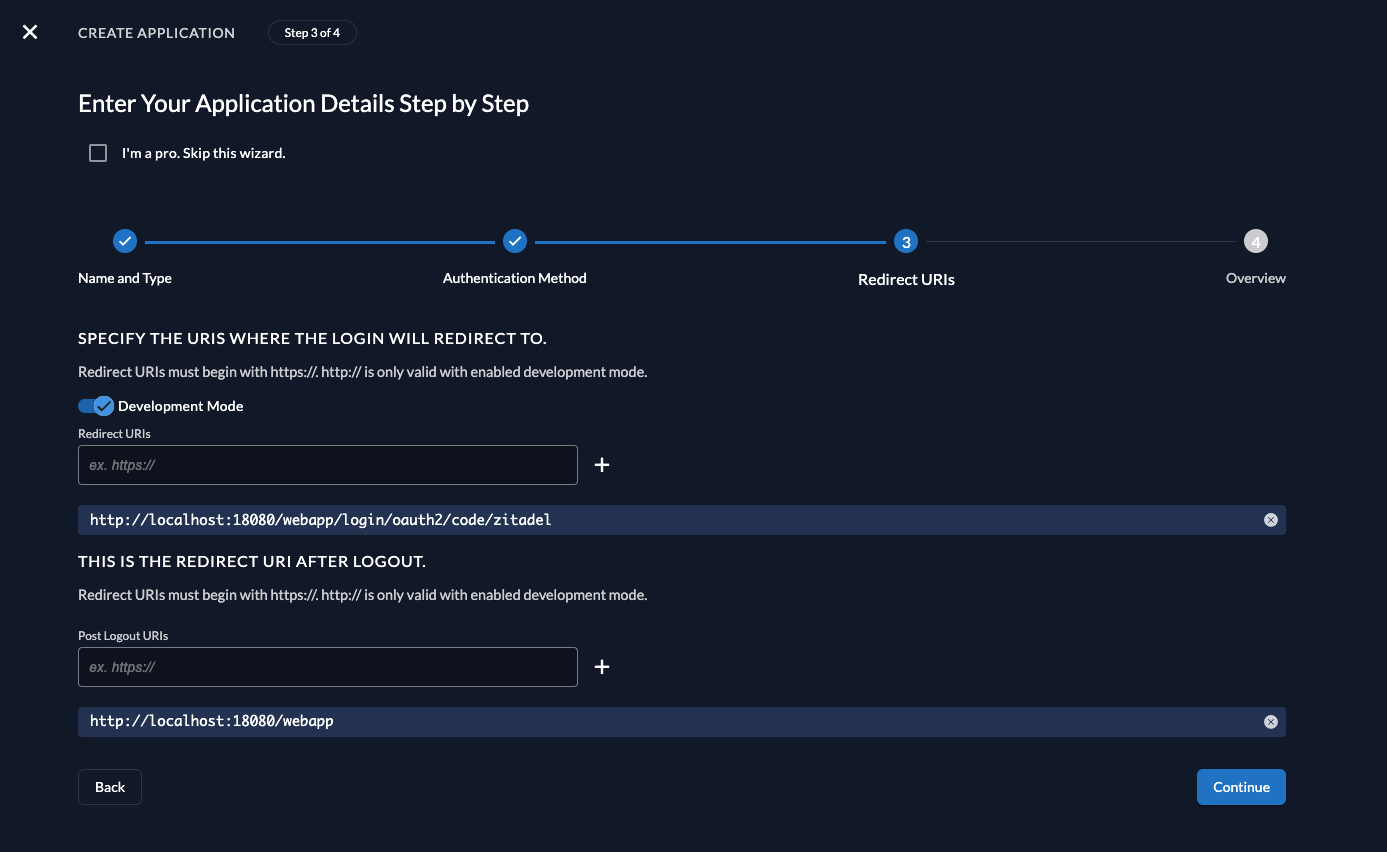 Create app in console - set redirectURI